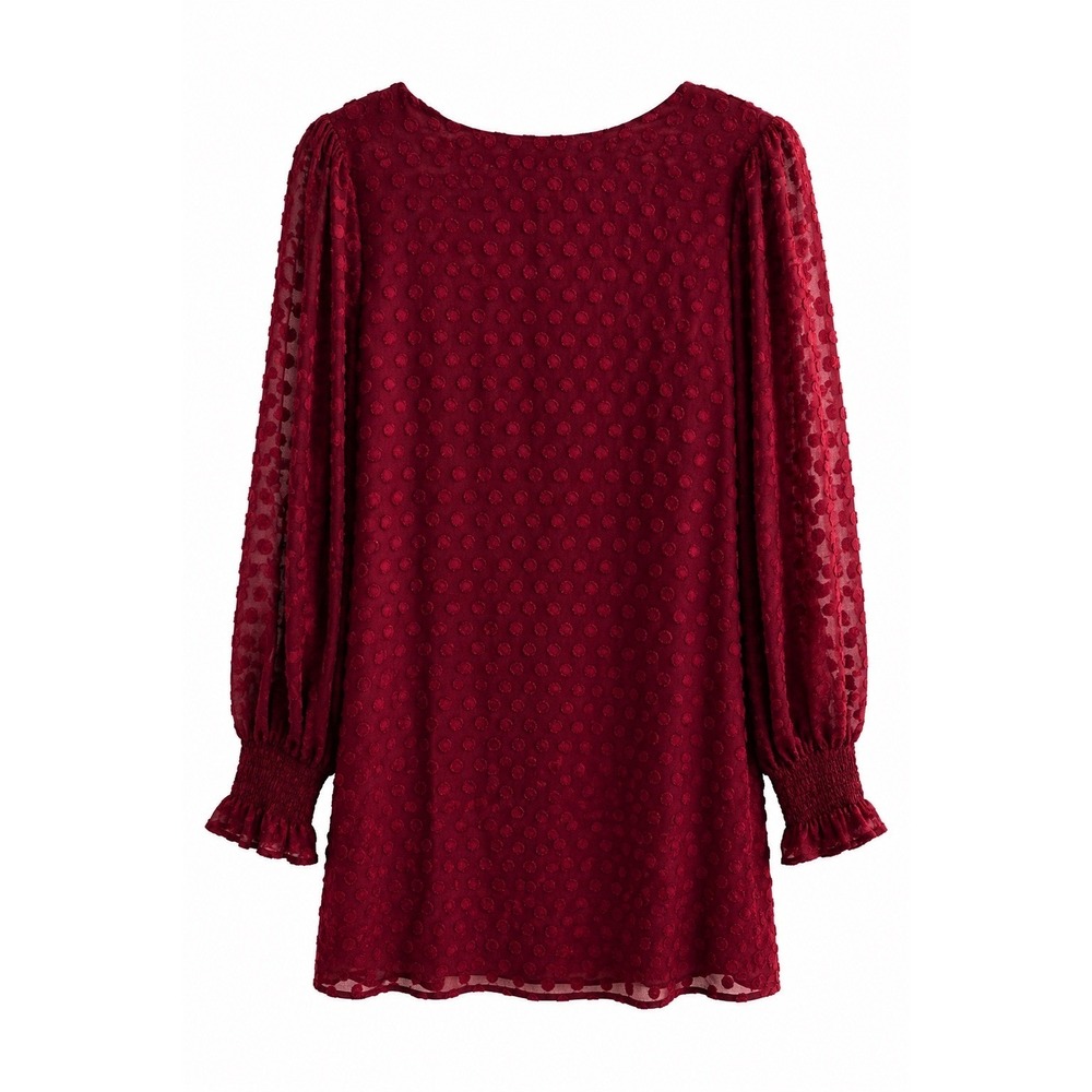 NWT Jodifl Burgundy Clip Dot Shift Dress Sz Small Sheer Sleeves Lined Boho Chic